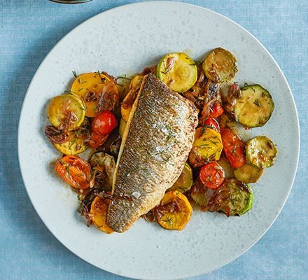 Sea bass with braised courgettes & harissa mayo