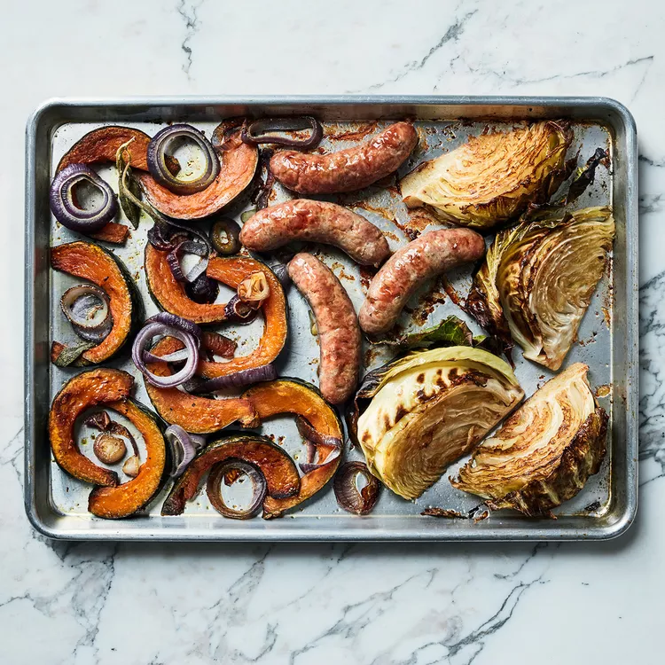 Roasted Sausages With Cabbage and Squash
