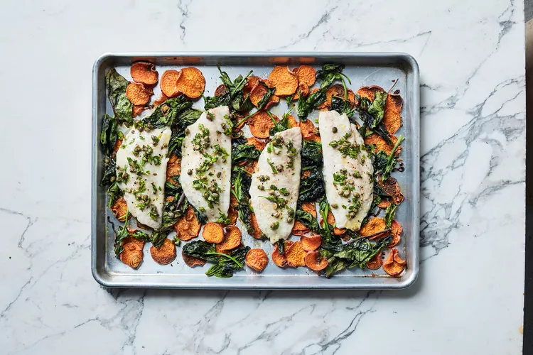 Roasted Sea Bass With Sweet Potatoes, Spinach, and Salsa Rustica