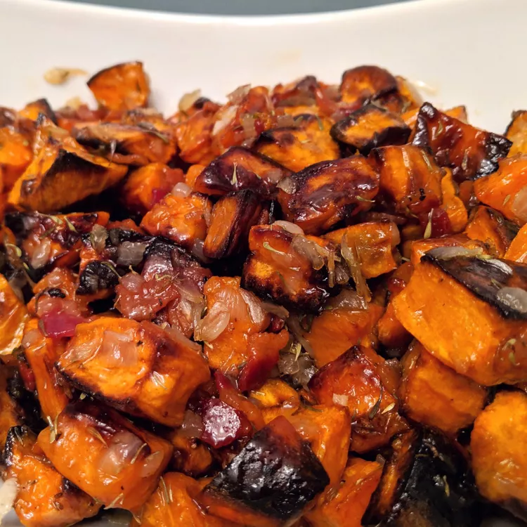 Maple Glazed Sweet Potatoes with Bacon and Caramelized Onions